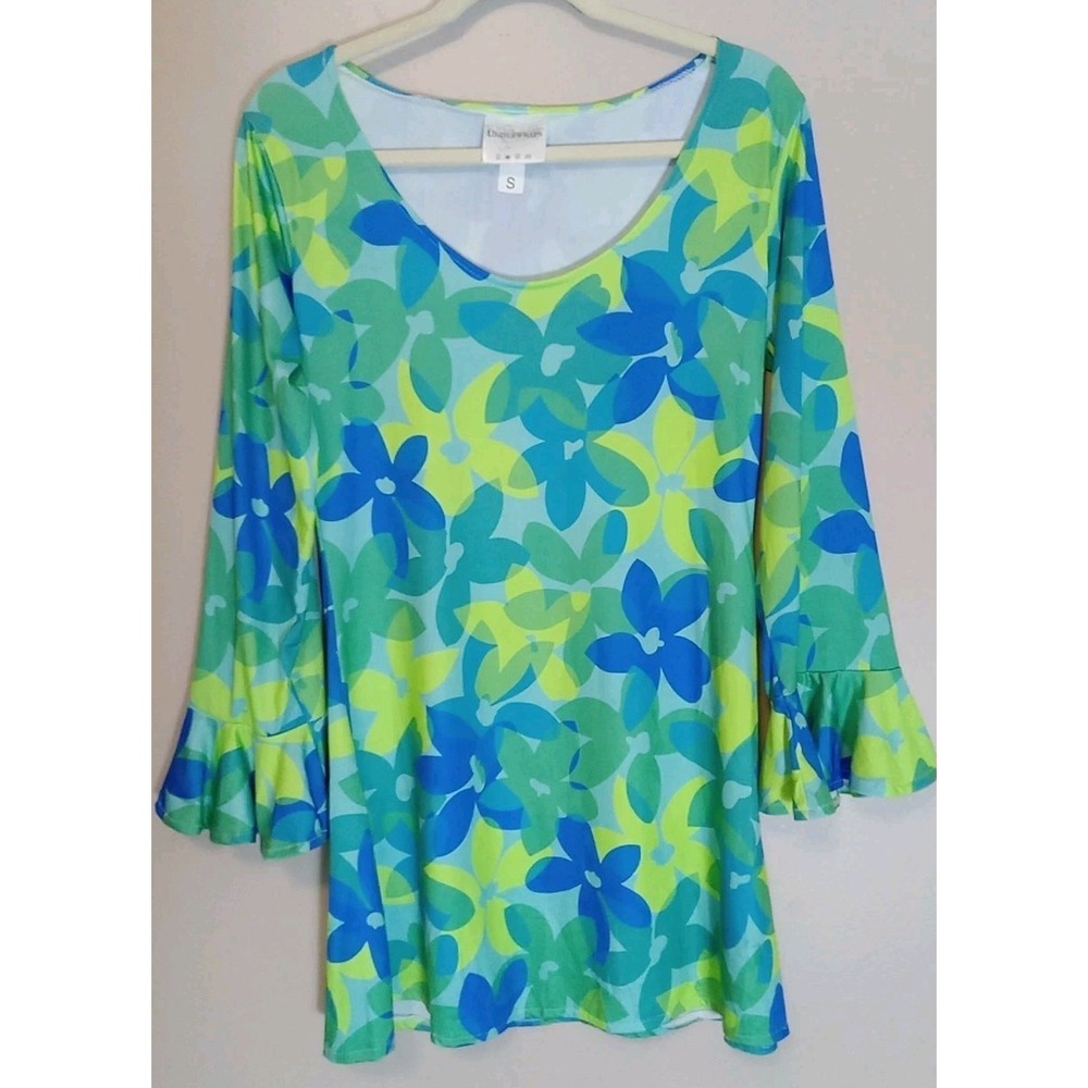Underwraps Women Blue Green Floral Retro Bell Sleeve Groovy Tunic Dress Size S